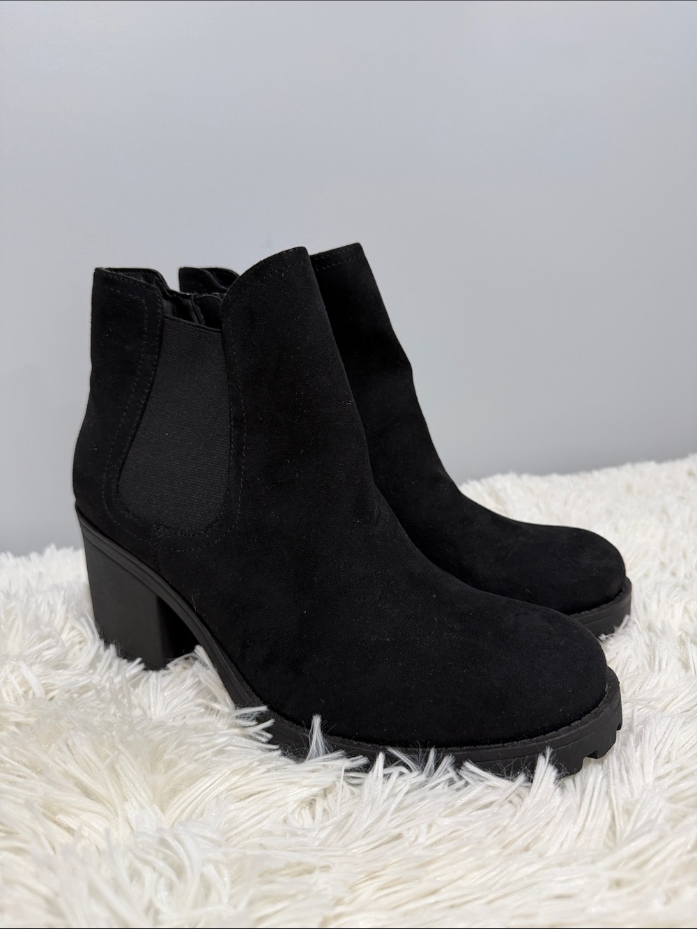 Sun + Stone Black Suede Block Heel Chelsea Booties